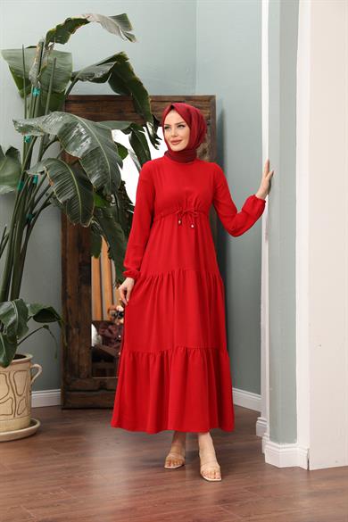 Bel Detay Elbise - Kırmızı