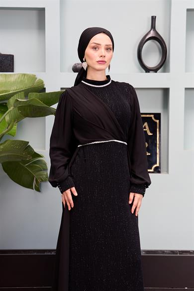 Waist and Neck Stone Embellished Evening Dress - Black