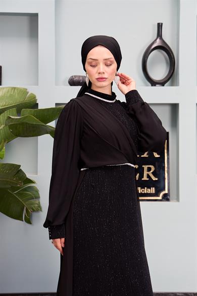 Waist and Neck Stone Embellished Evening Dress - Black