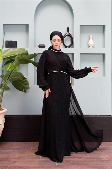 Waist and Neck Stone Embellished Evening Dress - Black