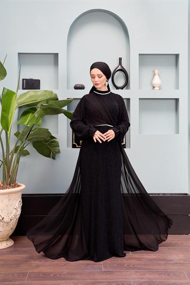 Waist and Neck Stone Embellished Evening Dress - Black