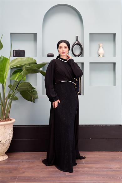 Waist and Neck Stone Embellished Evening Dress - Black