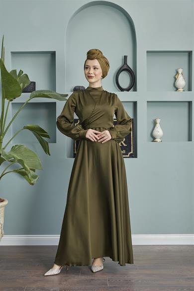 Satin Evening Dress with Tie Waist - Khaki