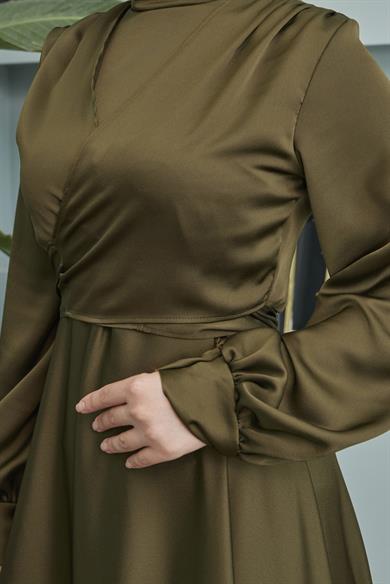 Satin Evening Dress with Tie Waist - Khaki