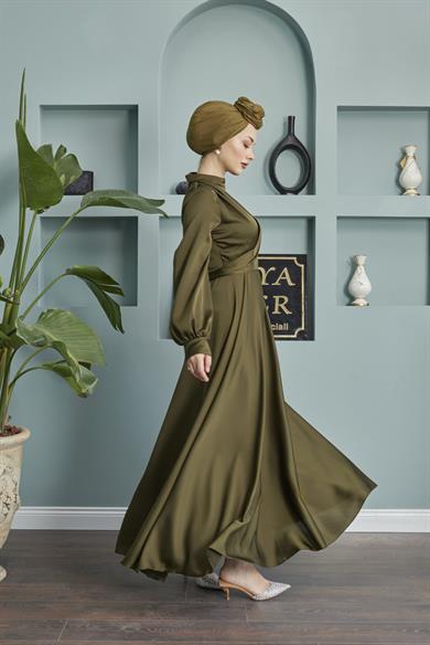 Satin Evening Dress with Tie Waist - Khaki