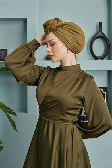 Satin Evening Dress with Tie Waist - Khaki