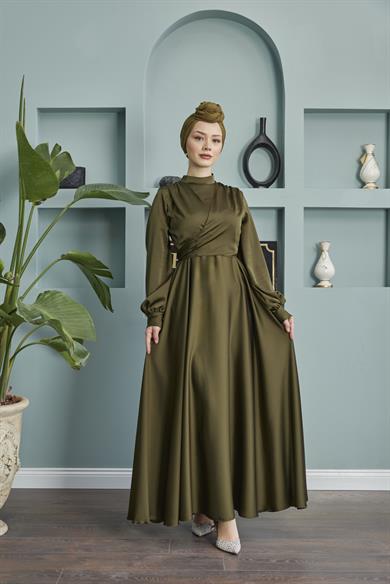 Satin Evening Dress with Tie Waist - Khaki