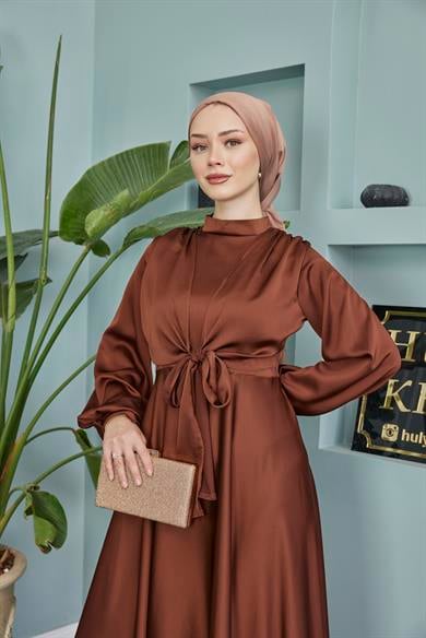 Satin Evening Dress with Tie Waistband - Brown