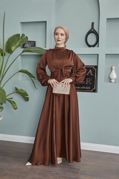 Satin Evening Dress with Tie Waistband - Brown