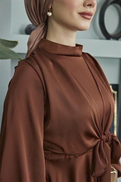 Satin Evening Dress with Tie Waistband - Brown