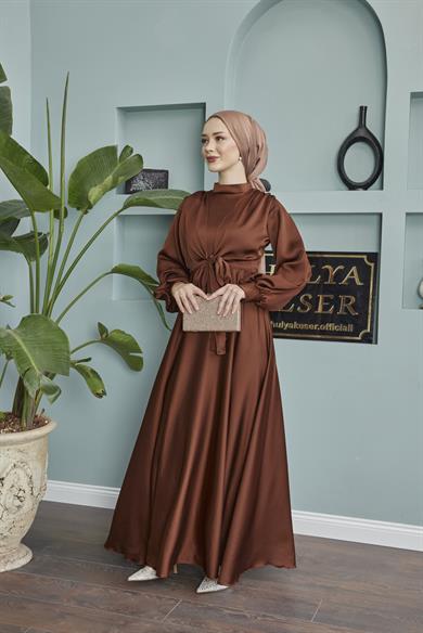 Satin Evening Dress with Tie Waistband - Brown