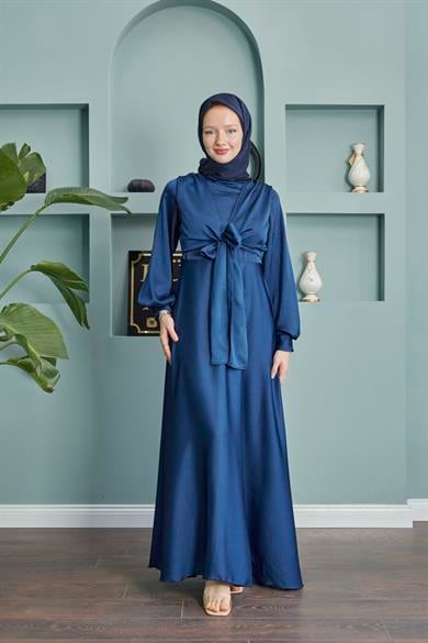 Satin Evening Dress with Tie Waist - Navy Blue