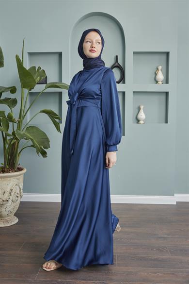 Satin Evening Dress with Tie Waist - Navy Blue