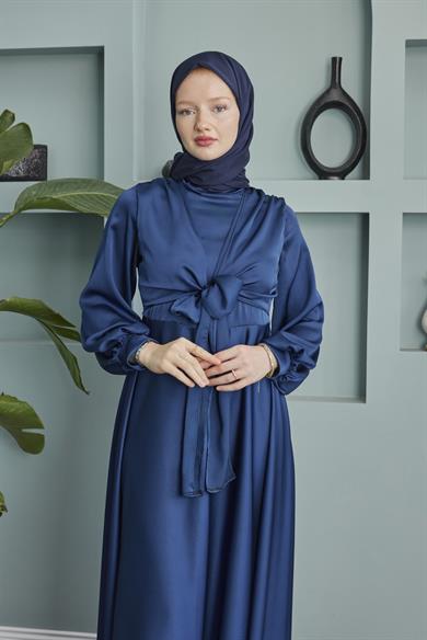 Satin Evening Dress with Tie Waist - Navy Blue