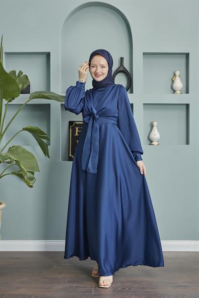 Satin Evening Dress with Tie Waist - Navy Blue