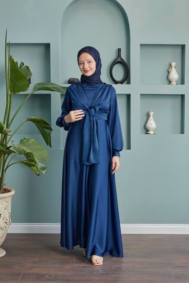 Satin Evening Dress with Tie Waist - Navy Blue