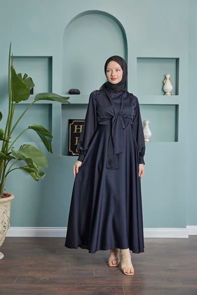 Satin Evening Dress with Belt - Black