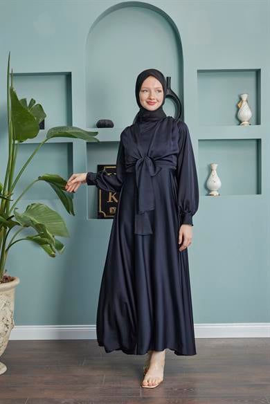 Satin Evening Dress with Belt - Black