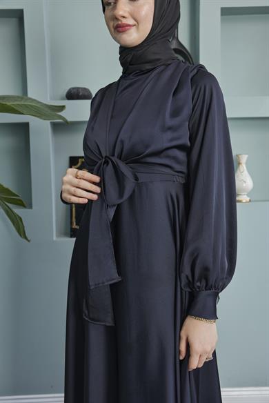 Satin Evening Dress with Belt - Black