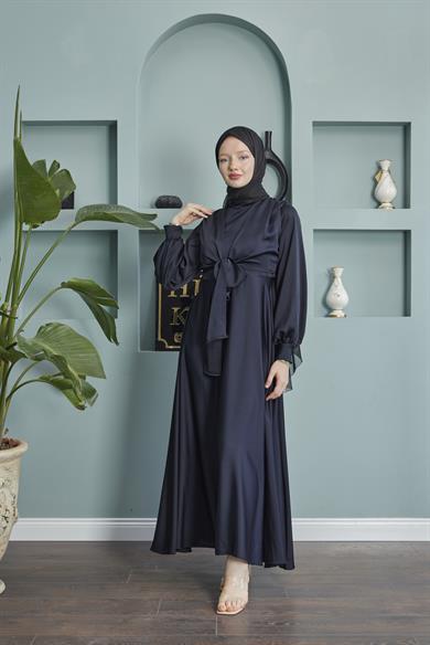 Satin Evening Dress with Belt - Black