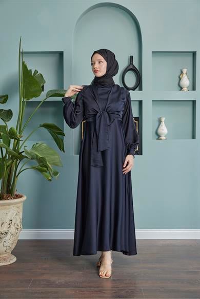 Satin Evening Dress with Belt - Black