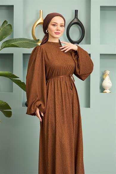 Long Dress with Waist Tie - Brown