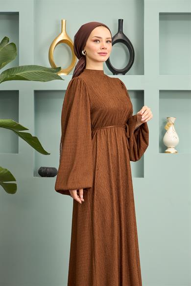 Long Dress with Waist Tie - Brown
