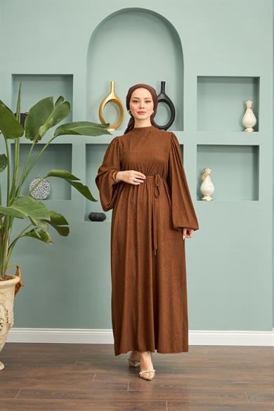 Long Dress with Waist Tie - Brown