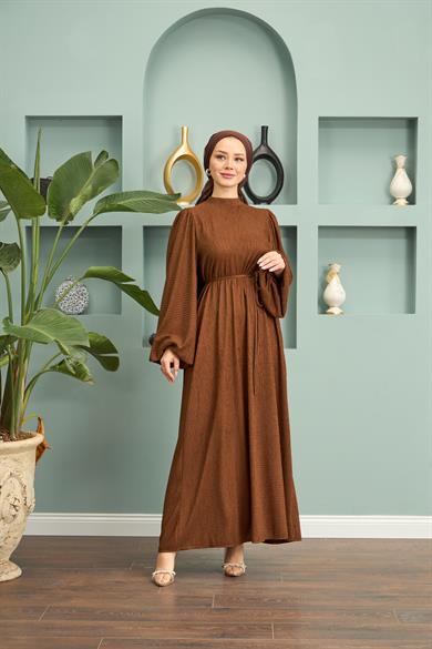 Long Dress with Waist Tie - Brown