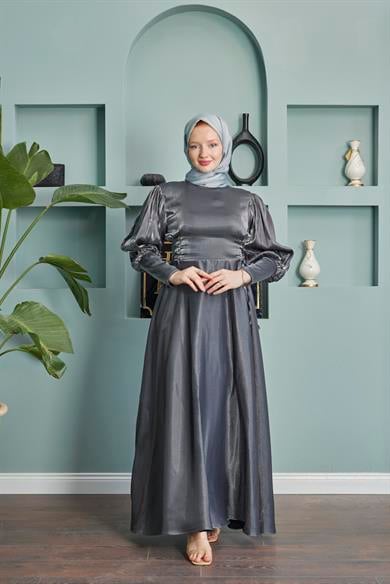 Balloon Sleeve Evening Dress with Tie Waist Detail - Anthracite