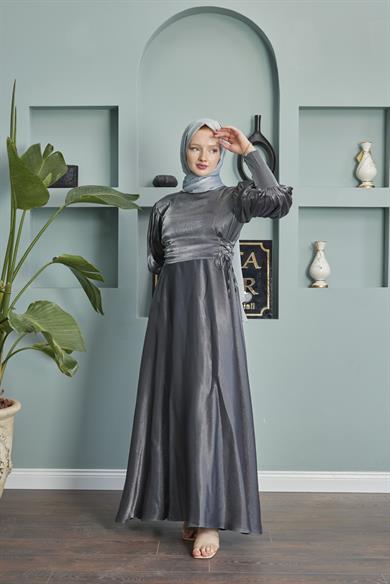 Balloon Sleeve Evening Dress with Tie Waist Detail - Anthracite