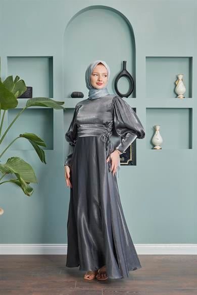 Balloon Sleeve Evening Dress with Tie Waist Detail - Anthracite