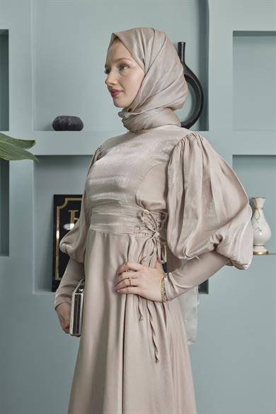 Balloon Sleeve Evening Dress with Tie Waist Detail - Beige
