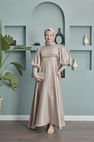 Balloon Sleeve Evening Dress with Tie Waist Detail - Beige