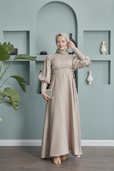 Balloon Sleeve Evening Dress with Tie Waist Detail - Beige