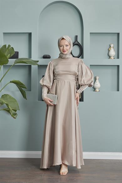 Balloon Sleeve Evening Dress with Tie Waist Detail - Beige