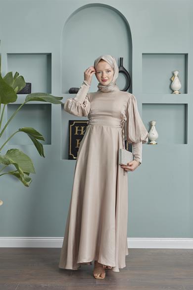 Balloon Sleeve Evening Dress with Tie Waist Detail - Beige
