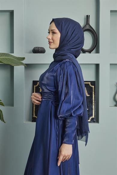 Balloon Sleeve Evening Dress with Tie Waist Detail - Navy Blue