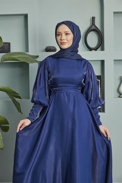 Balloon Sleeve Evening Dress with Tie Waist Detail - Navy Blue