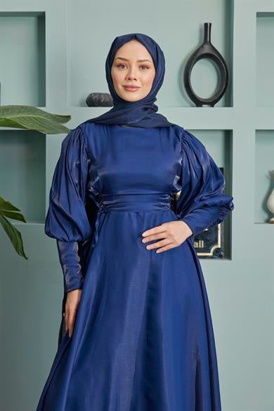 Balloon Sleeve Evening Dress with Tie Waist Detail - Navy Blue