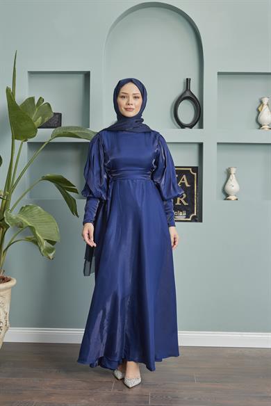 Balloon Sleeve Evening Dress with Tie Waist Detail - Navy Blue
