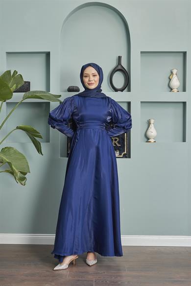 Balloon Sleeve Evening Dress with Tie Waist Detail - Navy Blue