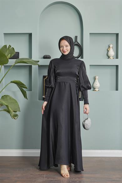 Balloon Sleeve Evening Dress with Tie Waist Detail - Black