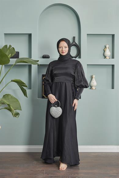 Balloon Sleeve Evening Dress with Tie Waist Detail - Black