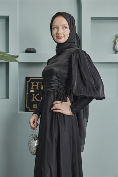 Balloon Sleeve Evening Dress with Tie Waist Detail - Black