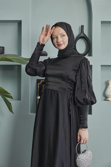 Balloon Sleeve Evening Dress with Tie Waist Detail - Black