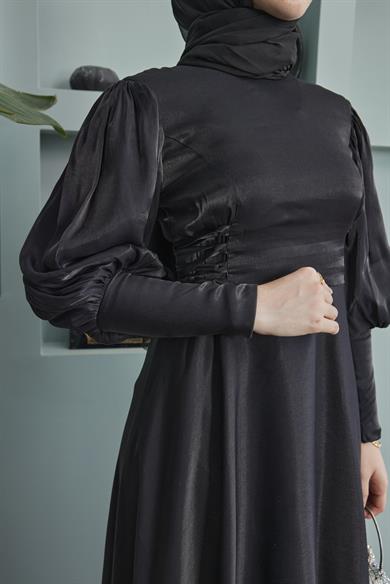 Balloon Sleeve Evening Dress with Tie Waist Detail - Black