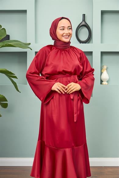 Satin Evening Dress with Tie Waist - Red