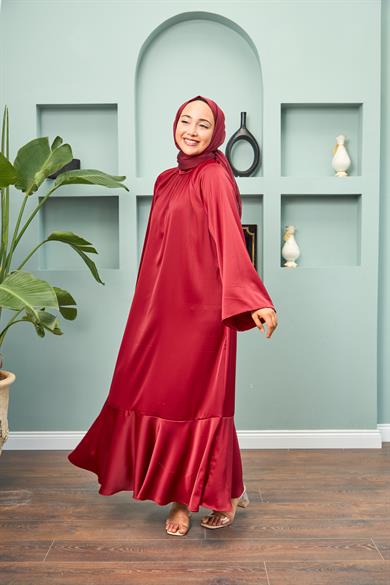 Satin Evening Dress with Tie Waist - Red