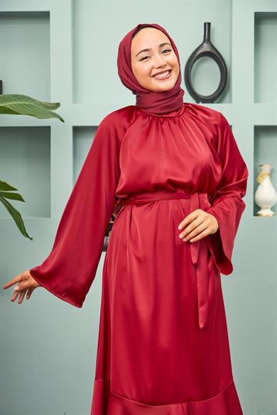 Satin Evening Dress with Tie Waist - Red